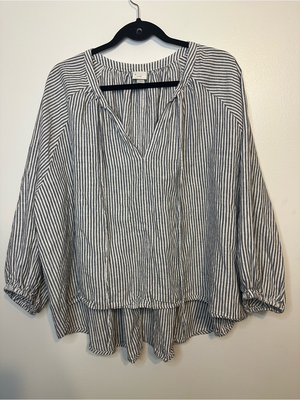 Striped V-Neck Peasant Blouse - Charcoal/White